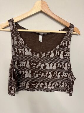 Whimsical American Apparel Brown Patterned Sleeveless Crop Top one size